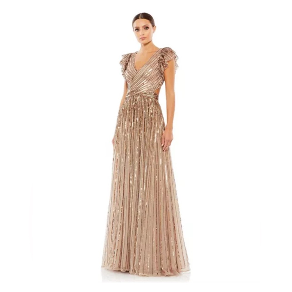 MAC DUGGAL Evening Gown Dress NEW Size 14 Copper Sequin Cut Out Ruffled Lace Up
